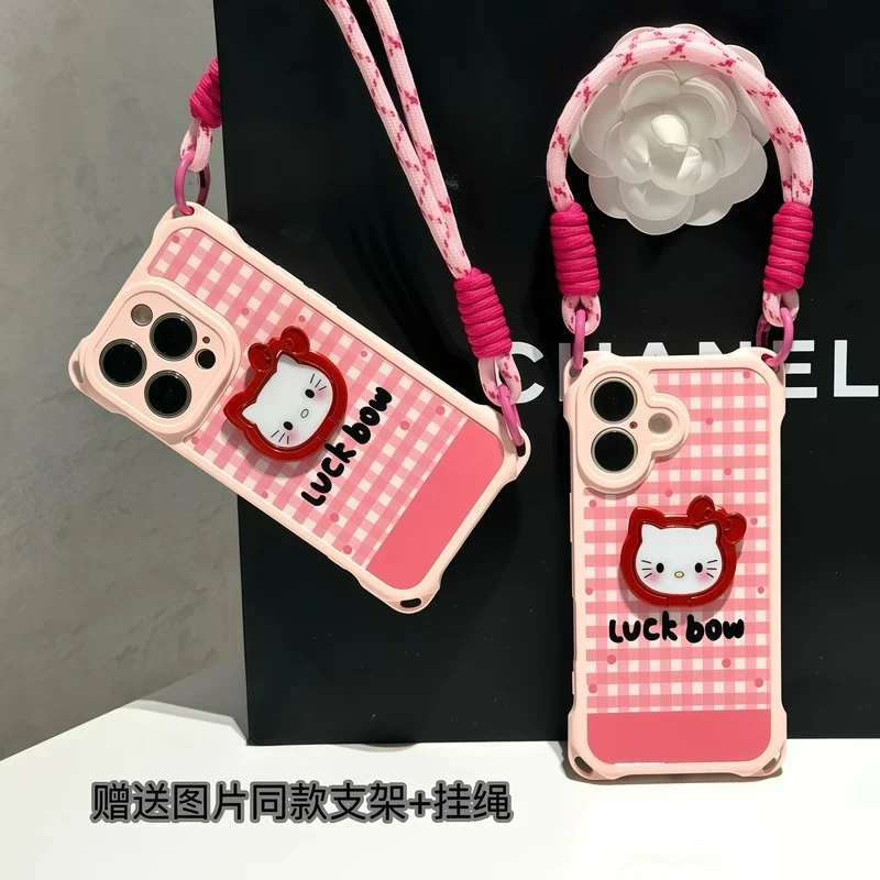 幸运kt猫适用苹果16iPhone15华为P70/vivooppo支架挂绳手机壳女款