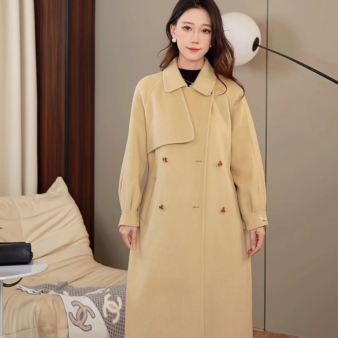 【DY005】HUIHUI. 赫本风双面羊毛大衣双排扣长款女外套厚