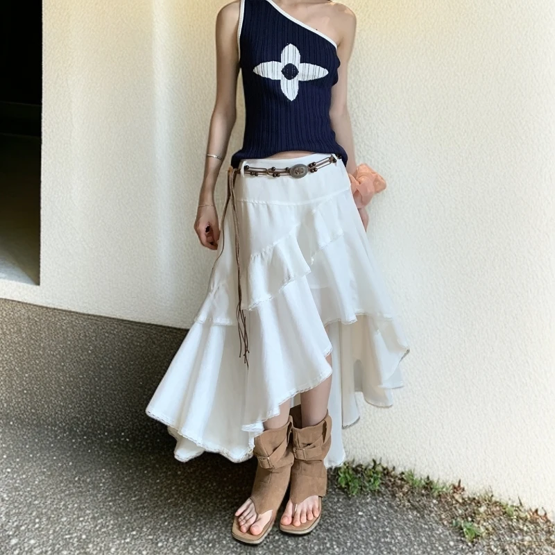 不规则层次感蕾丝花边半身裙女夏季新款度假风荷叶边休闲中长裙