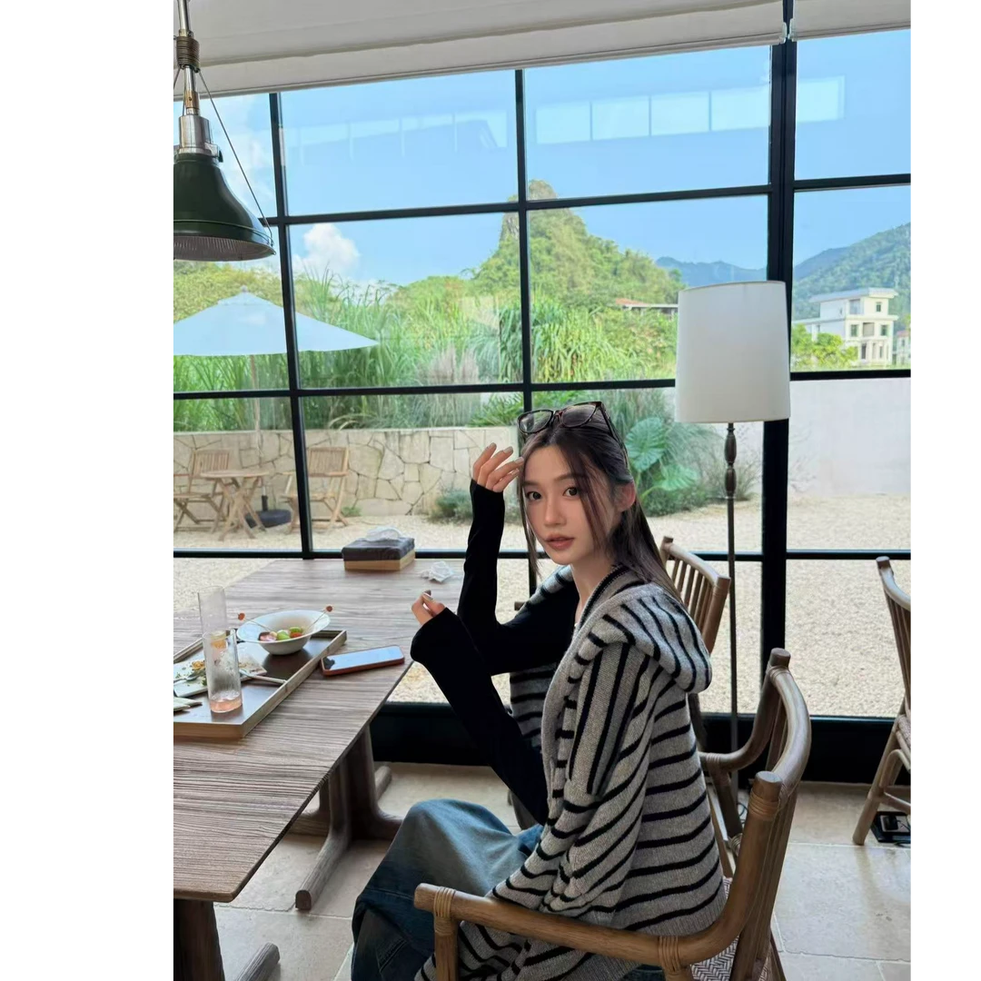 SMILEME【风止秋水】早秋款‘’100羊毛‘’条纹连帽开衫卫衣MK06925410