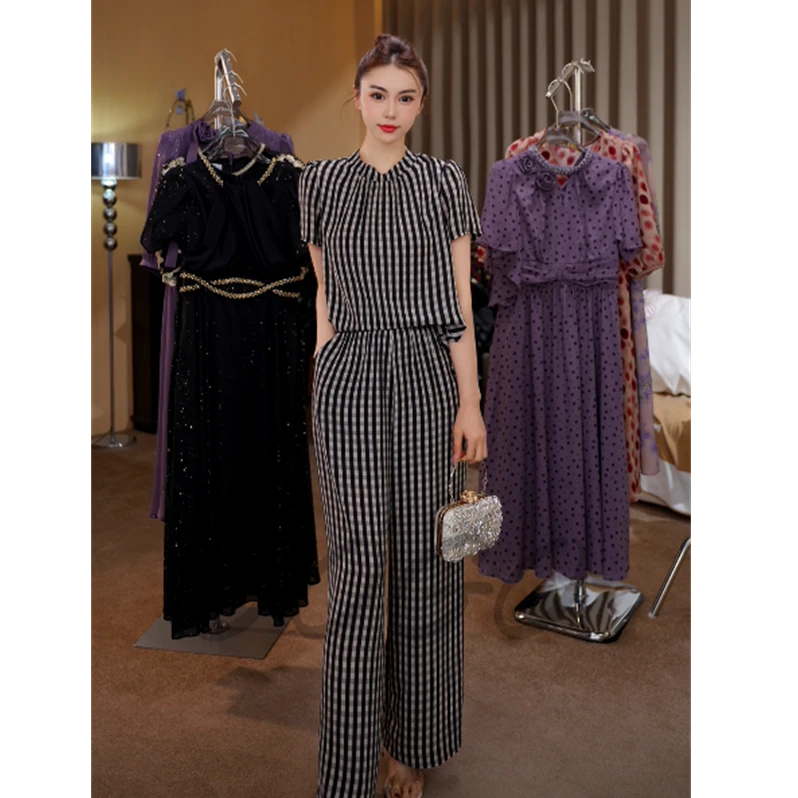 南法假日 G6121夏季女装新款黑白时髦洋气显瘦上衣阔腿裤两件套装