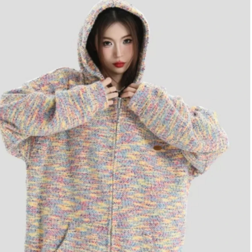 XJ- 原创新款美式冰淇淋彩虹色连帽卫衣男女情侣宽松开衫外套