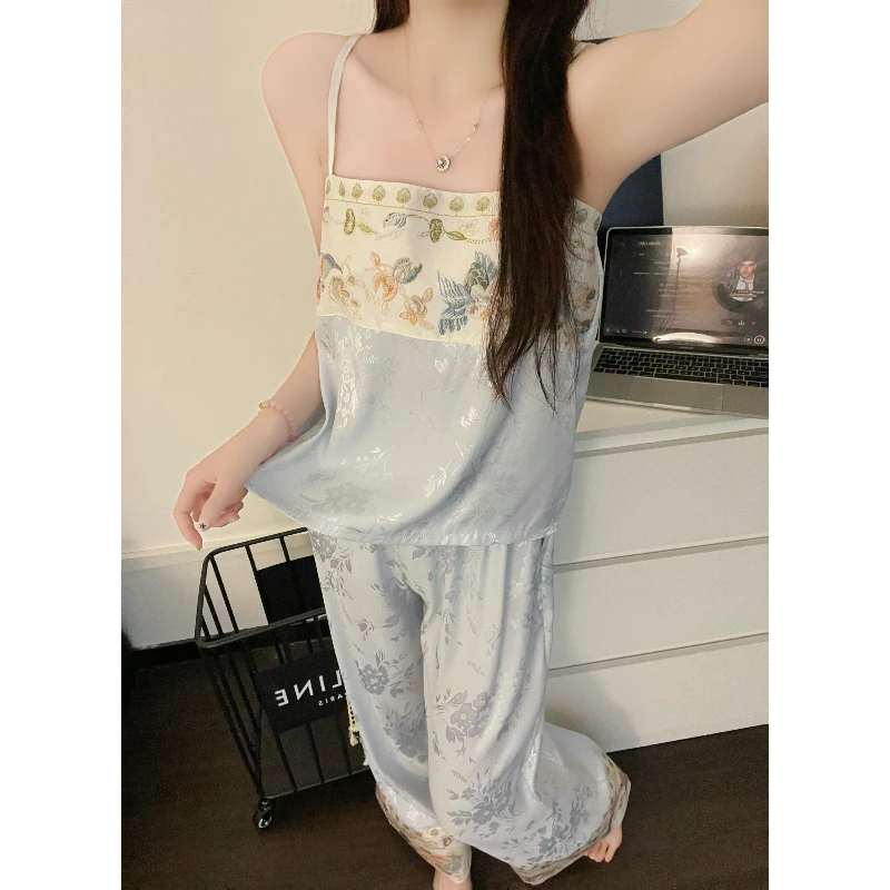 新中式古风花卉吊带冰丝睡衣女夏季新款宽松大码长裤套装家居服