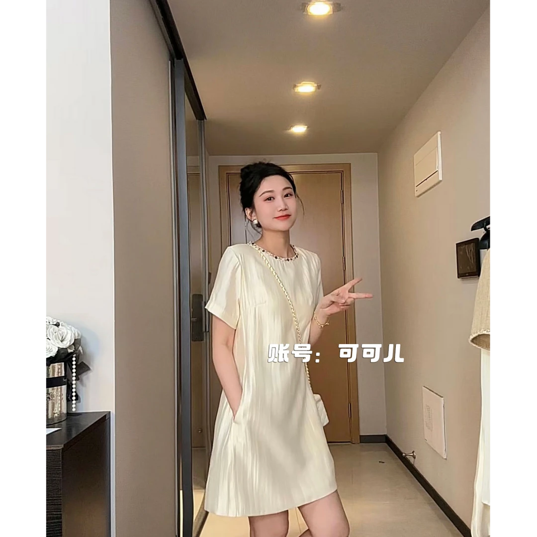 夏季高级时尚气质感彩色钉珠小香风连衣裙8018
