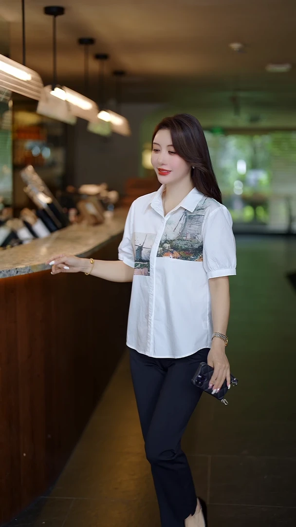 夏季全棉女装短袖衬衫时尚洋气休闲百搭数码印花气质女士白色衬衣