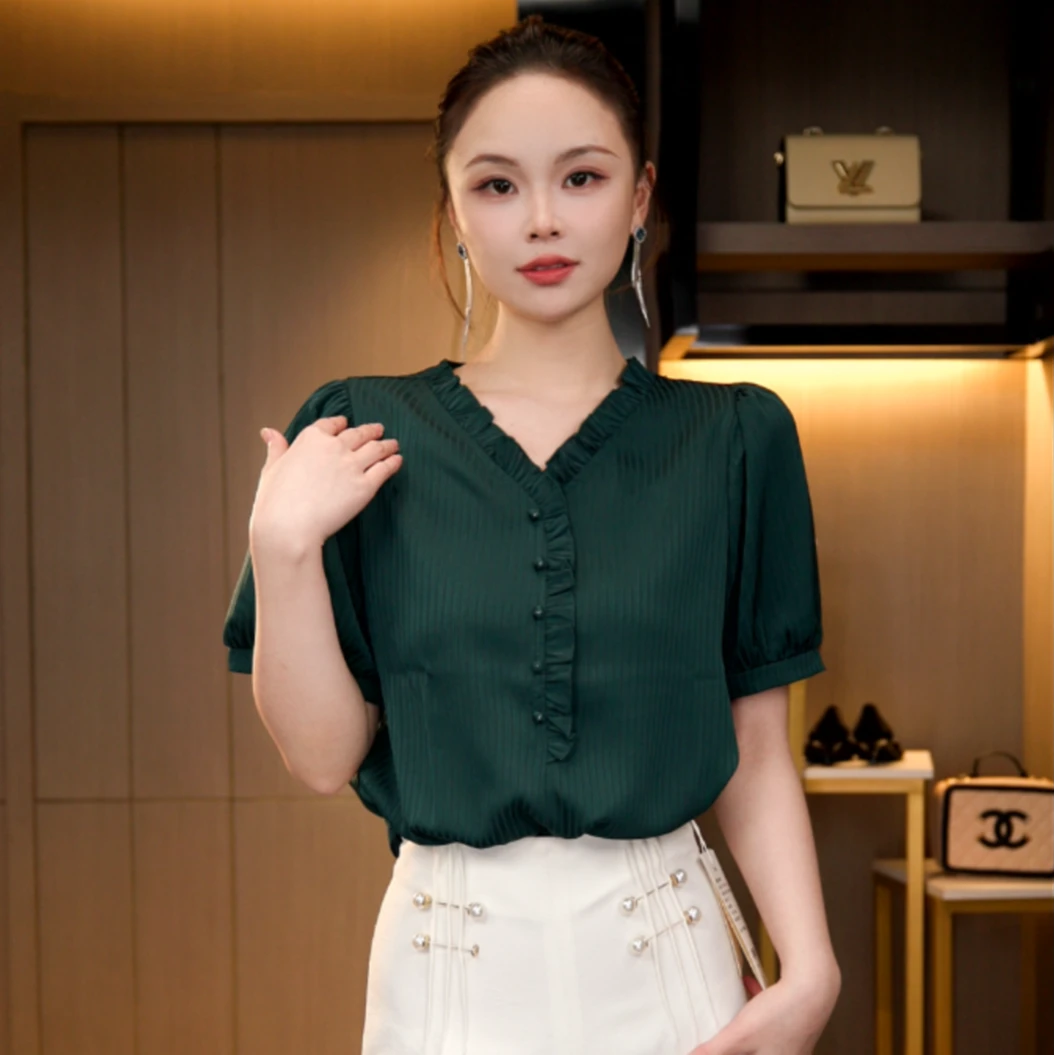 L4X2037 法式复古短袖显瘦气质琉璃双绉丝T恤上衣