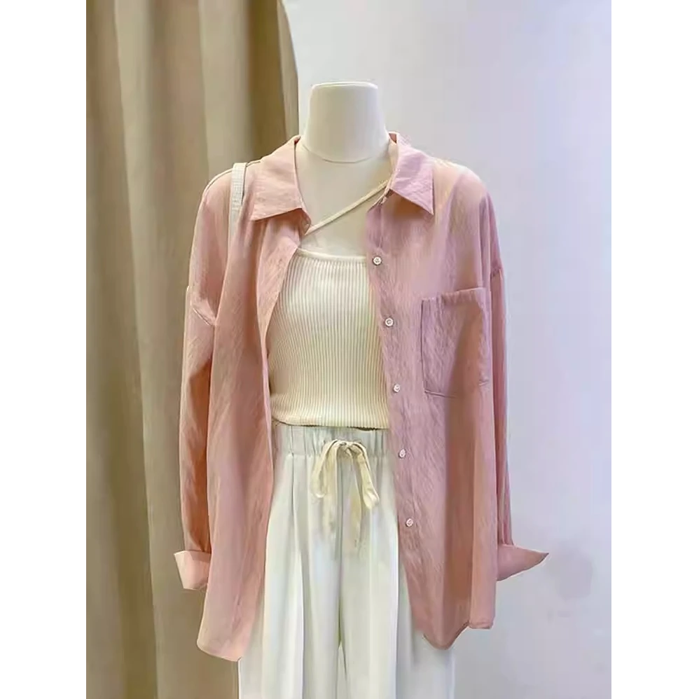 芯娇晴粉色冰丝防晒衬衫女夏季高级长袖衬衣外搭开衫外套法式上衣