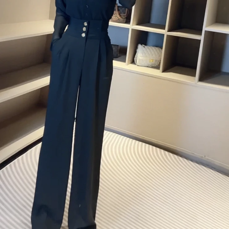 刘欣服饰A店 西装三粒扣高腰防晒直筒阔腿裤长裤0579