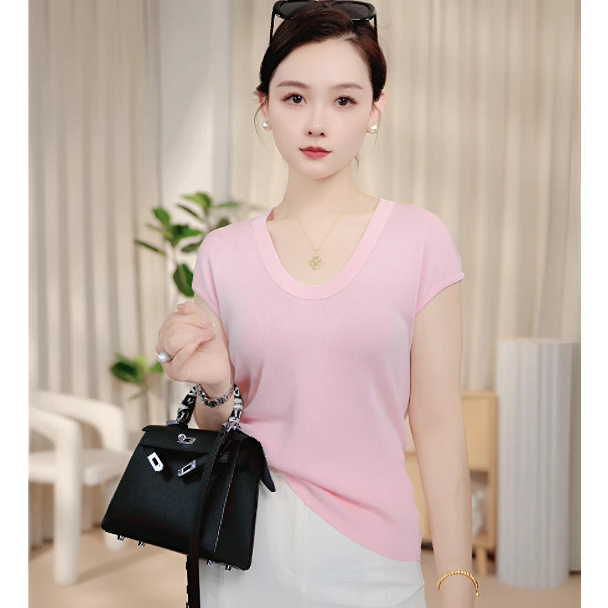 【橙子专属】百搭短袖2025新款桑蚕丝莱赛尔混纺圆领上衣-7542