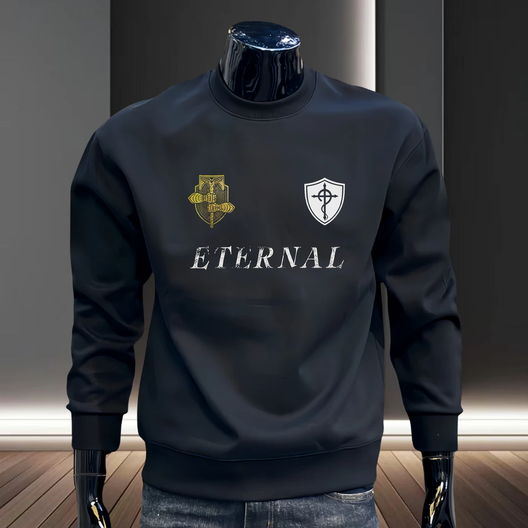 高街潮款复古印花男士秋冬加厚圆领卫衣时尚运动休闲百搭套头上衣