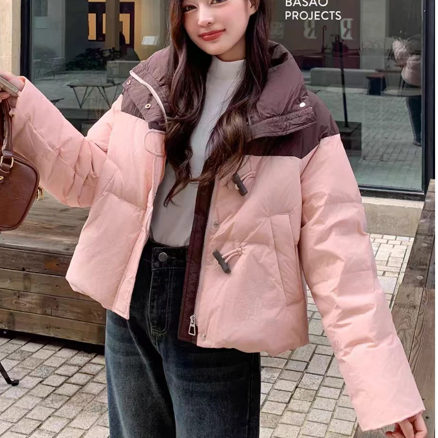 1678【衣长52】新款棉服韩版撞色棉服女别致扣洋气面包服外套短款