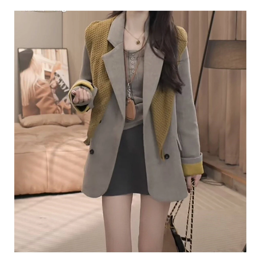 时尚设计感韩系秋款高级感气质双排扣西装外套