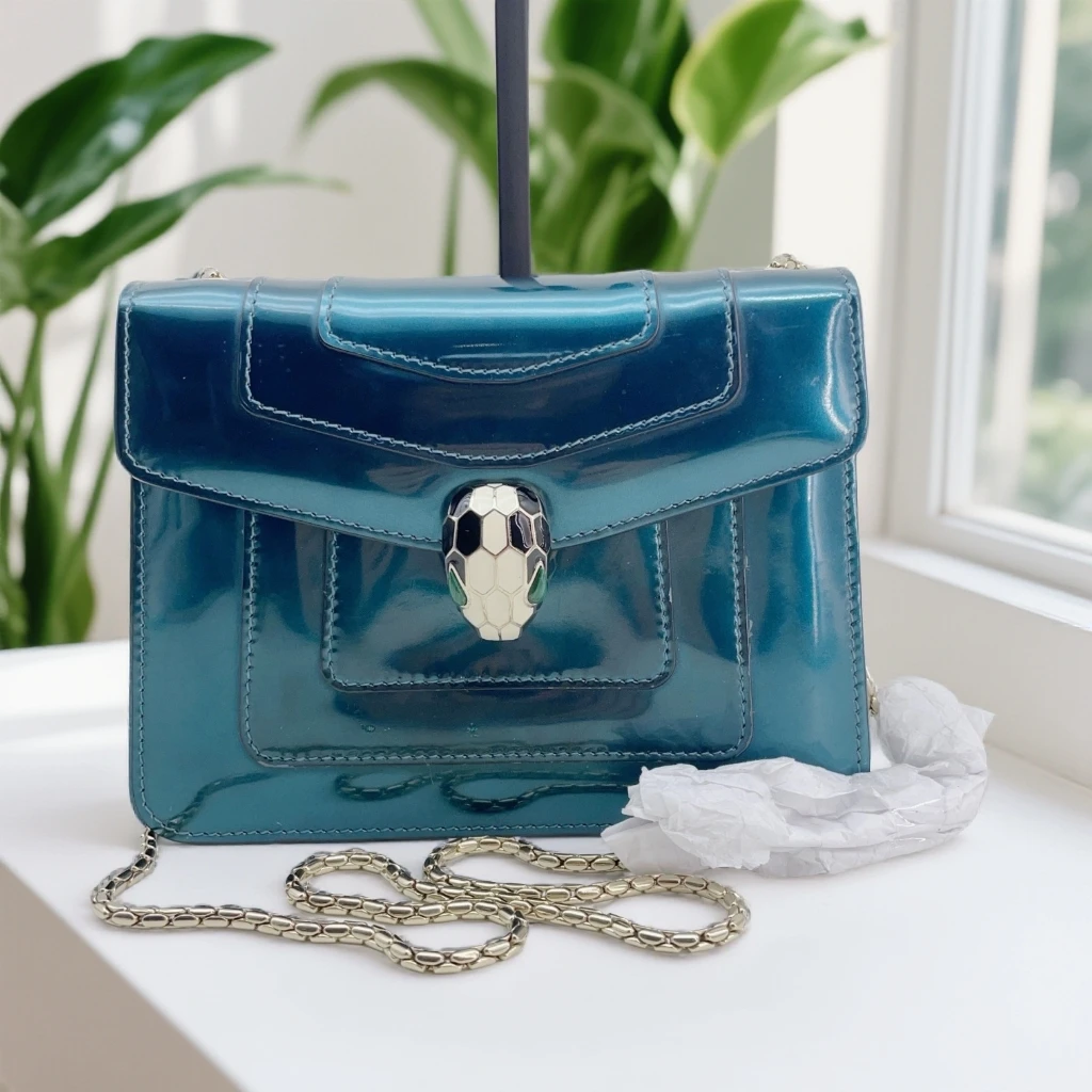 95新 BVLGARI/宝格丽  绿色漆皮蛇头链条包1729 0926