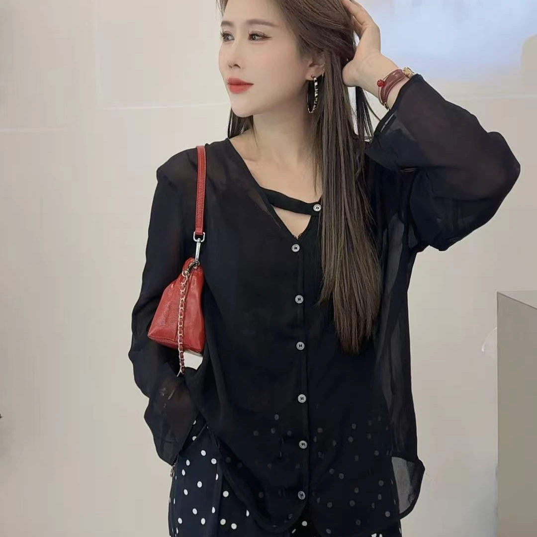 恰逢景梅子自留款防晒衣女设计感薄款空调衫宽松黑色长袖防晒罩衫