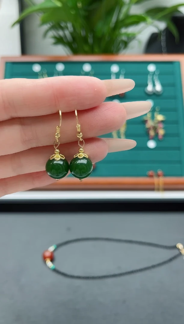 【闪购商品】玛瑙/玉髓耳饰银S925镀金镶嵌8011绿单珠