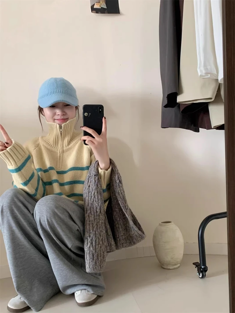 高领半拉链条纹撞色学院风毛衣女秋冬新款复古英伦风针织衫