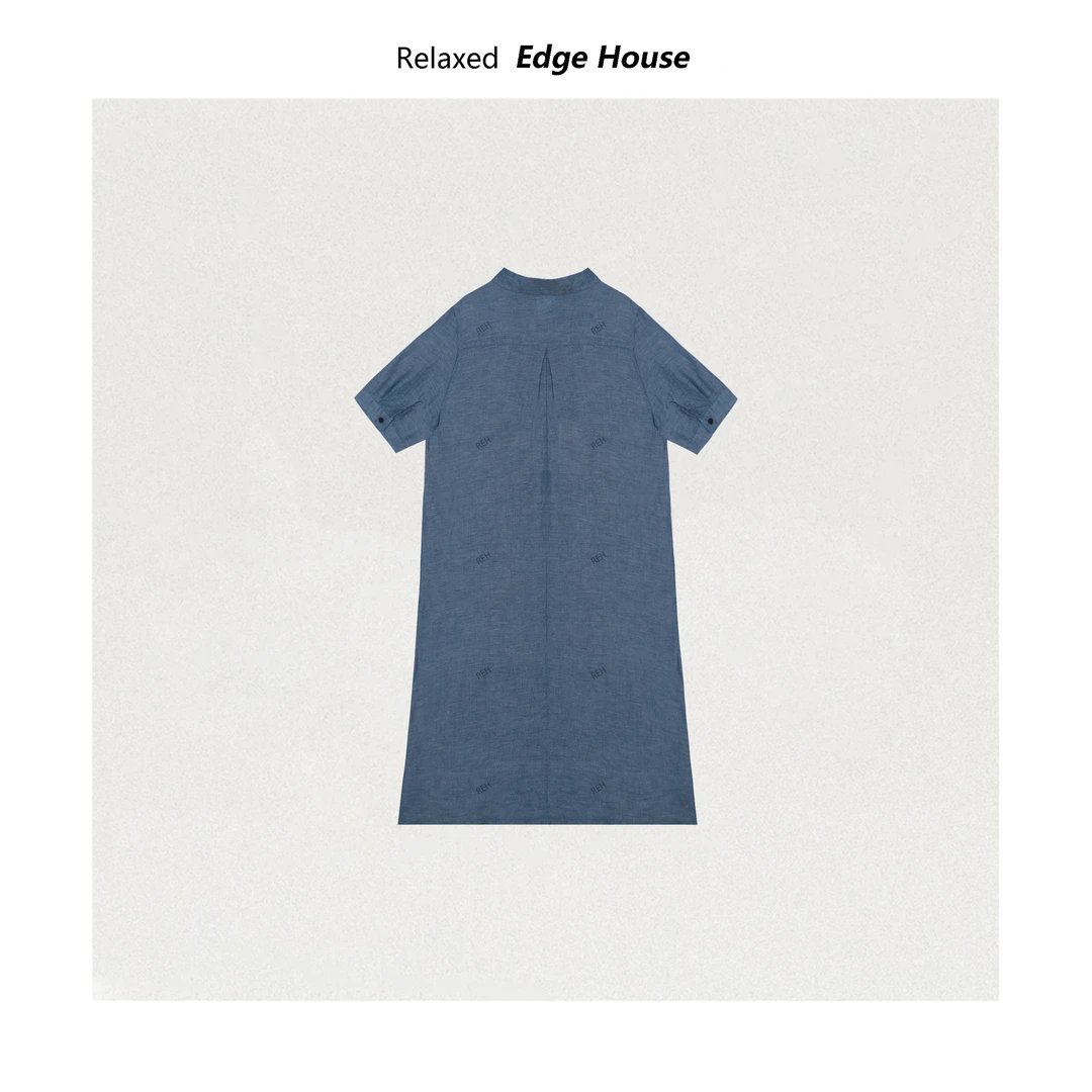 【哈哈家】亚麻小方块 亚麻混纺显瘦纽扣翻领短袖连衣裙中长裙