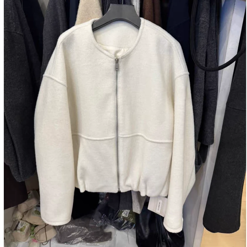 3092#圆领拉链毛呢开衫韩版时尚洋气秋冬新款