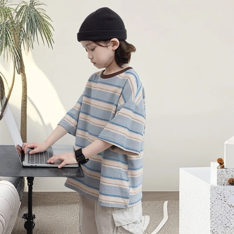 【100%纯棉 冰感欧若风】男童夏款短袖T恤2025新款儿童装中大童条纹