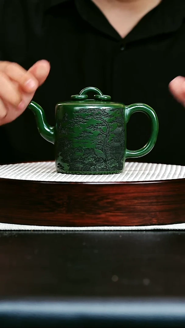 茶壶紫砂宜兴紫砂  双圈壶  松鹤延年