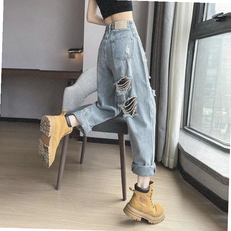 浅色破洞哈伦仔裤女秋季薄款2023年新款高腰宽松显瘦阔腿裤