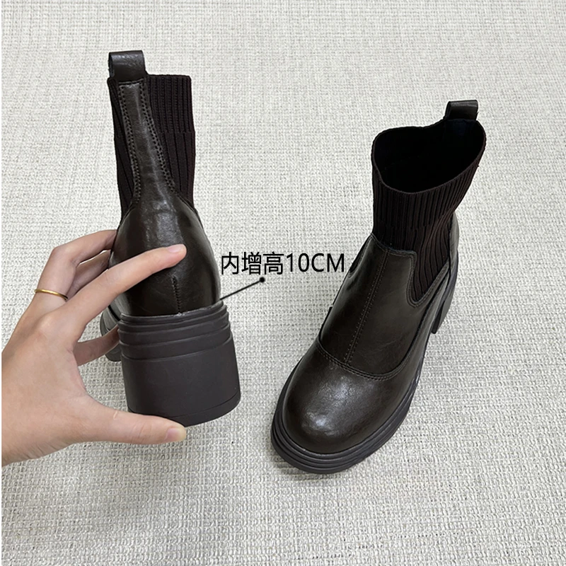 真皮内增高马丁靴女2025新款秋冬加绒针织袜靴小个子厚底弹力短靴