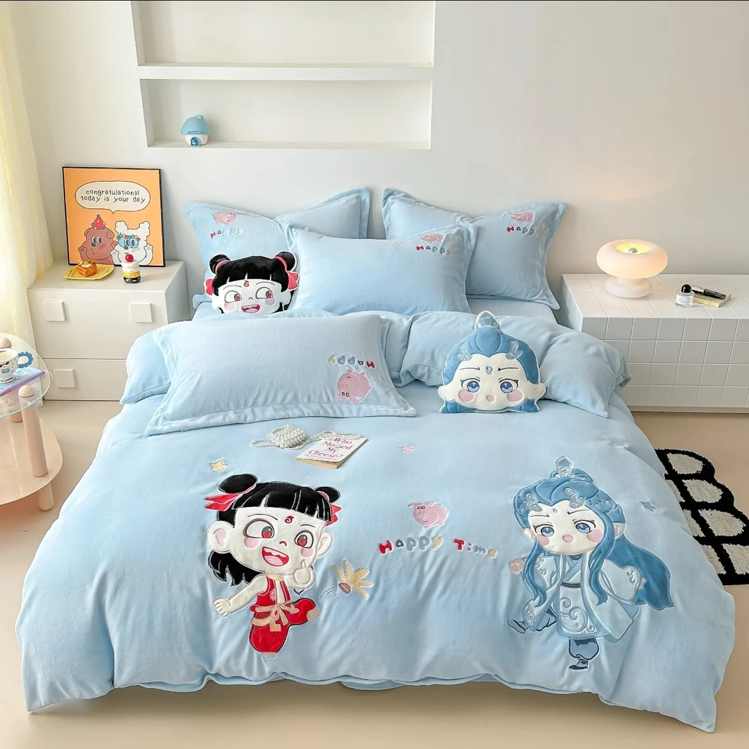 【哪吒敖丙】2025新款成人儿童牛奶绒贴布绣四件套加绒【加密加厚】