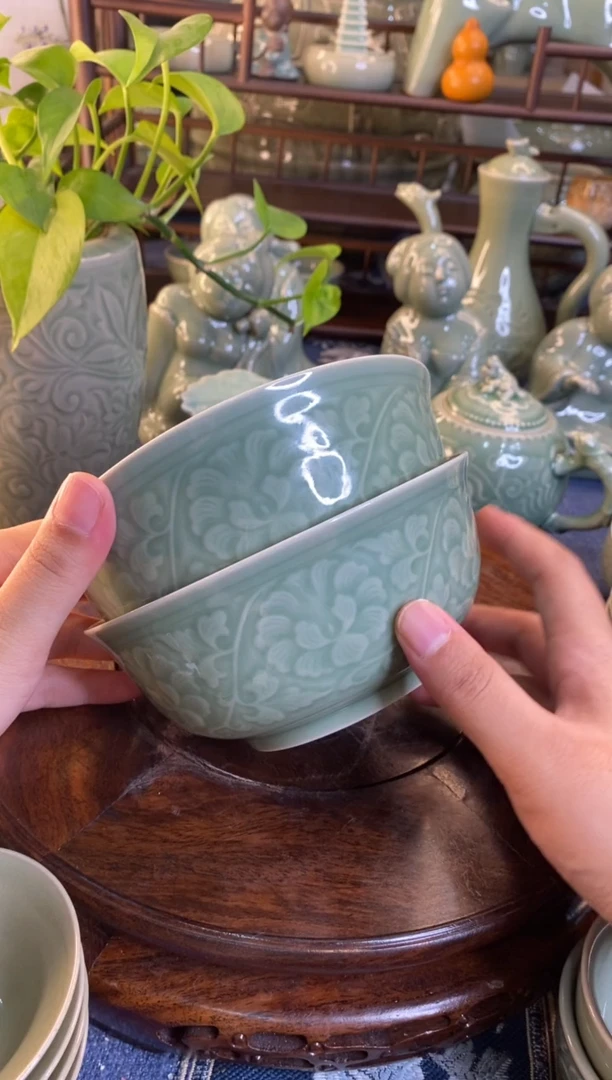 耀州窑瑕疵5.5英寸牡丹碗【b000037】2个