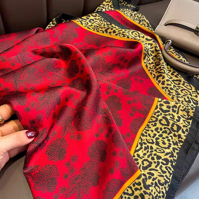 【红色豹纹】90*90复古丝巾女士正方形优雅时尚百搭空调巾披肩围巾