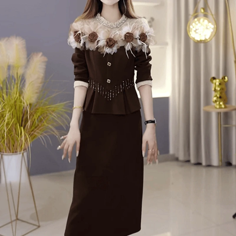 C357【上衣+半身裙】2025冬季新款时尚优雅气质减龄高级感套装裙