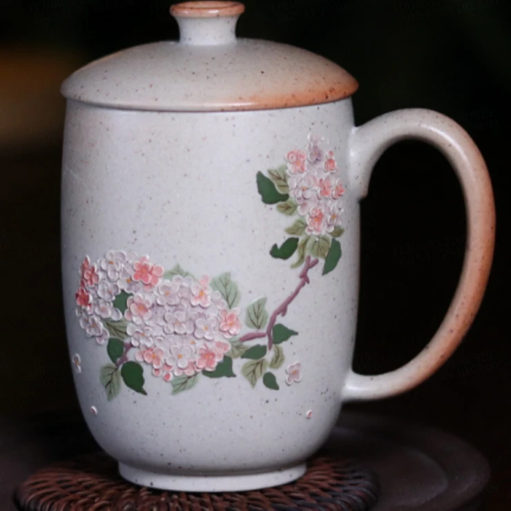 【斋居】白段泥柴烧绣球花盖杯200cc，颜色随机（YY010630）