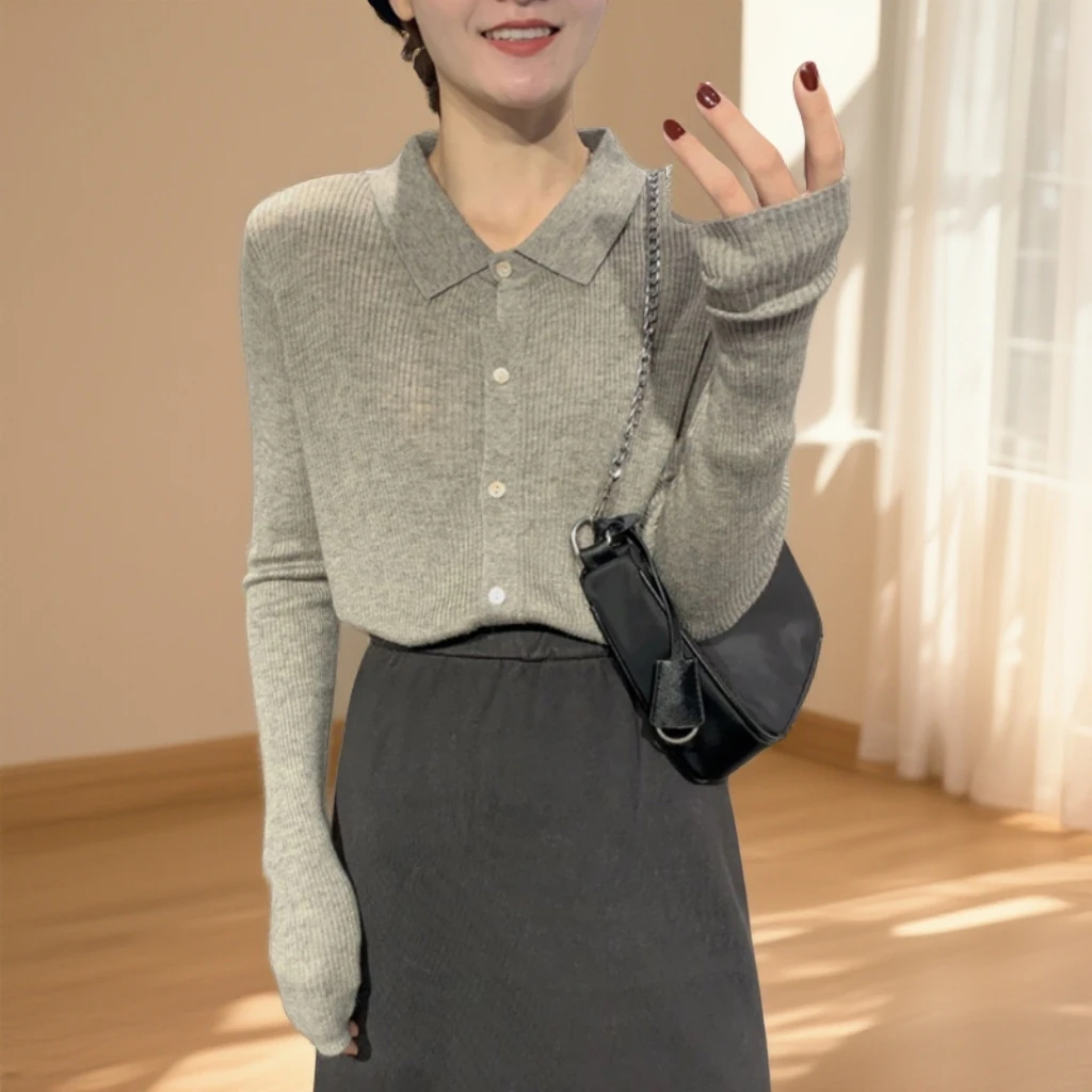 polo领针织衫女打底毛衣开衫秋季修身显瘦长袖内搭秋冬翻领上衣女