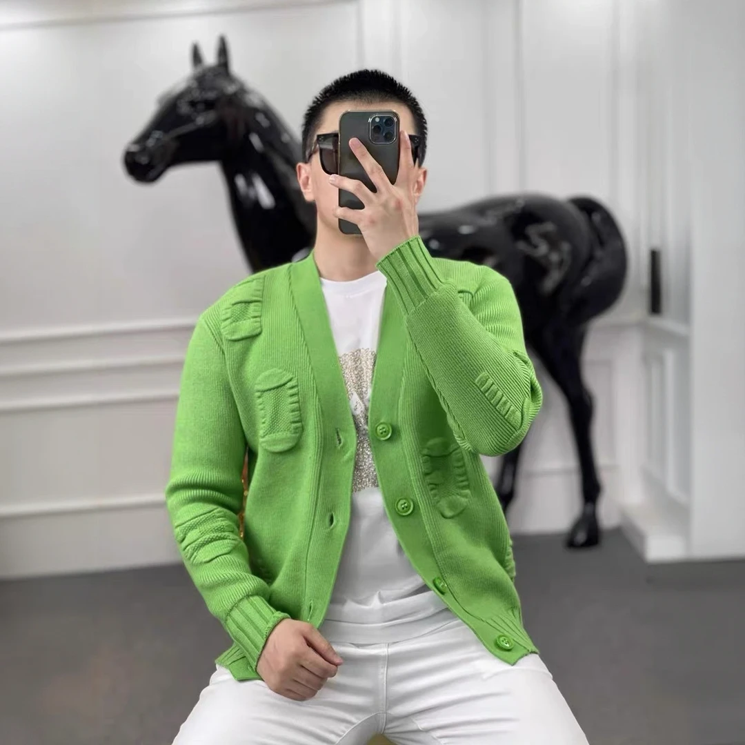 巴康波劳秋冬季加厚羊毛外套针织开衫毛衣男纯色v领休闲提花上衣