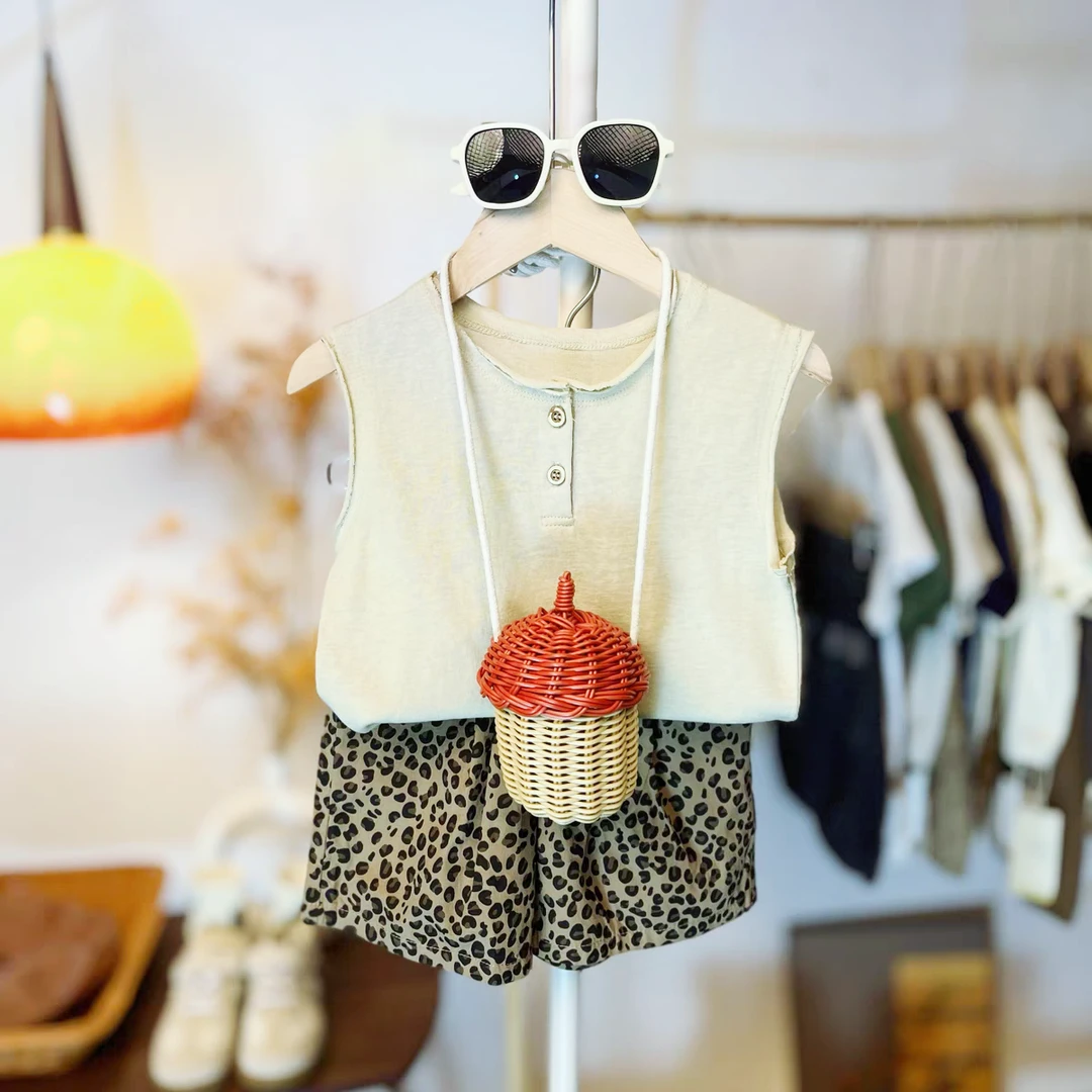 儿童夏季无袖短裤套装男女童薄款森系毛边背心+豹纹裤韩版两件套