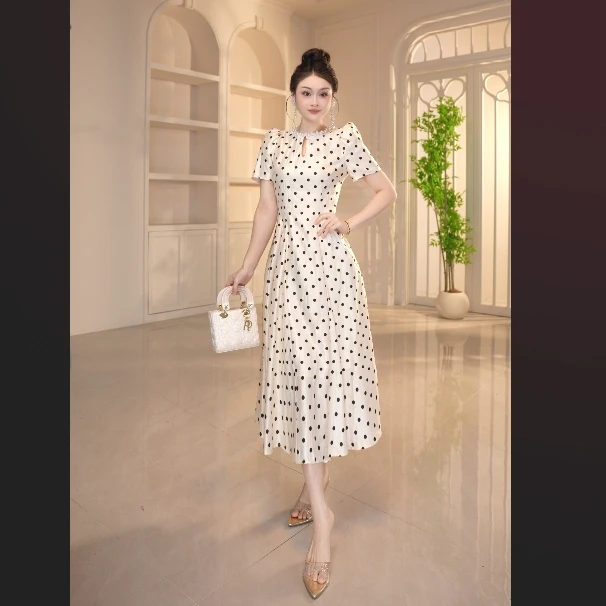 【显瘦定制】连衣裙时尚夏季法式收腰泡泡袖拉链修身波点通勤21777