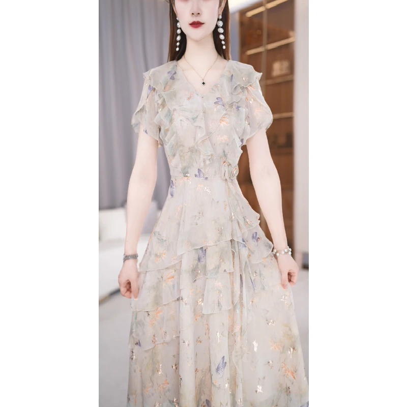 玖慕超好看v领印花连衣裙女2025新款夏减龄名媛风荷叶边雪纺a字裙