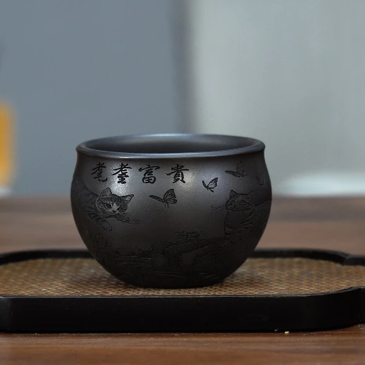 8123 宜兴原矿紫砂石黄刻绘猫蝶富贵缸杯180ccNX