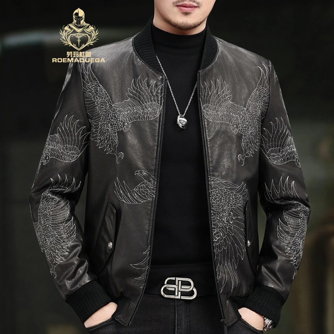 ROEMADUEGA劳玛杜伽立领真皮皮衣男士时尚欧美刺绣头层牛皮夹克