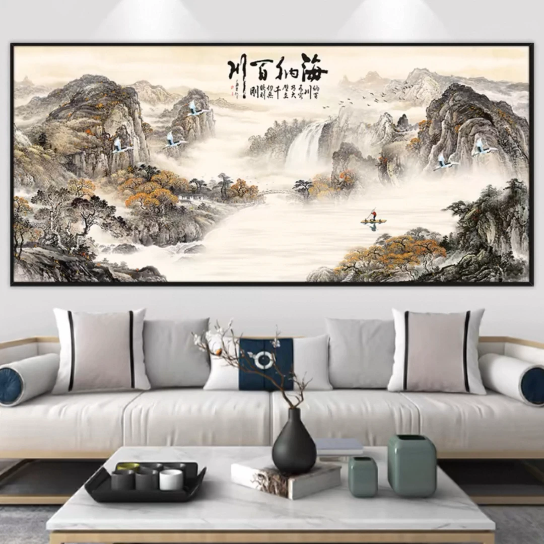流水生财客厅家和万事兴挂画高档背景墙山水风景大气墙壁晶瓷装饰