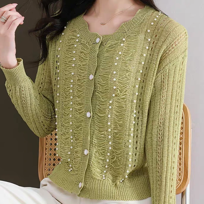 珍珠镂空韩系早春针织开衫薄款毛衣