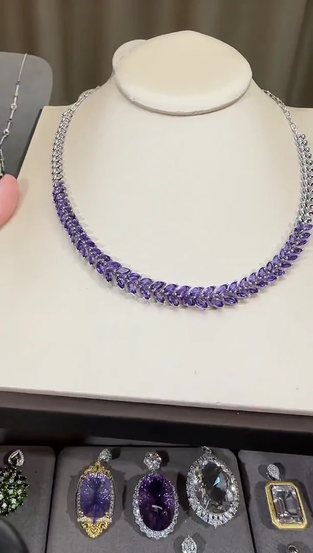 颈饰银S925镶嵌紫晶6*8mm麦穗套链高级款