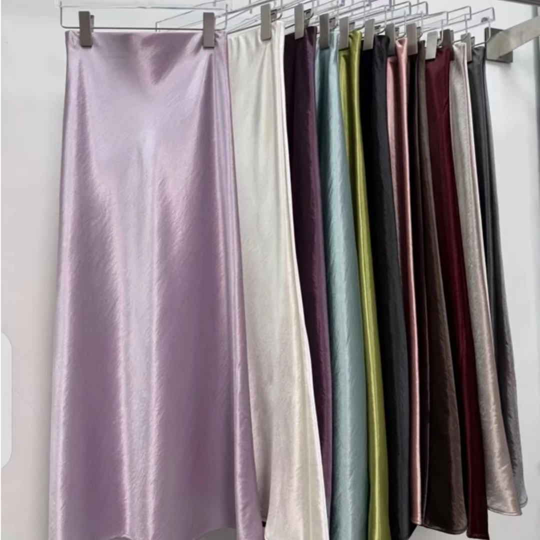 显瘦醋酸成人不起球高腰半身裙时尚中长款纯色春夏宽松薄款