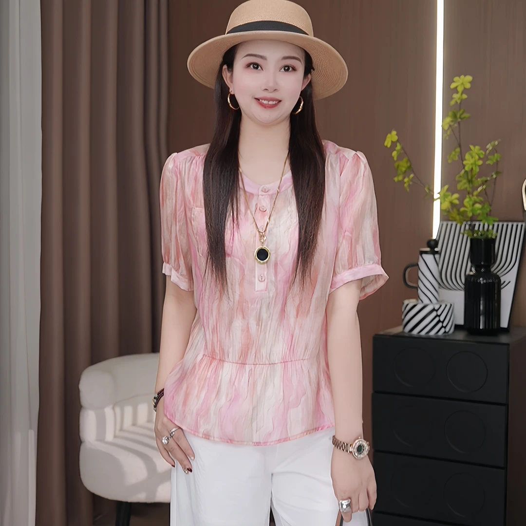 时尚百搭夏装短袖衬衫女新款高贵洋气印花小衫女减龄遮肚显瘦上衣