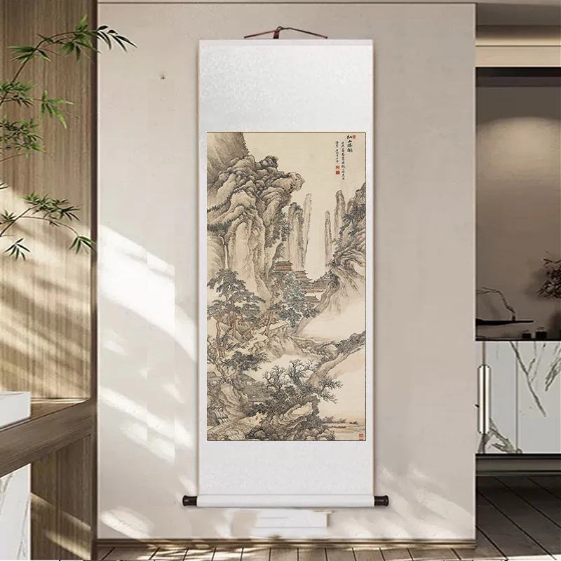 【优选爆款】清·王翚《仙山楼阁图》玄关装饰卷轴微喷|客厅办公茶室