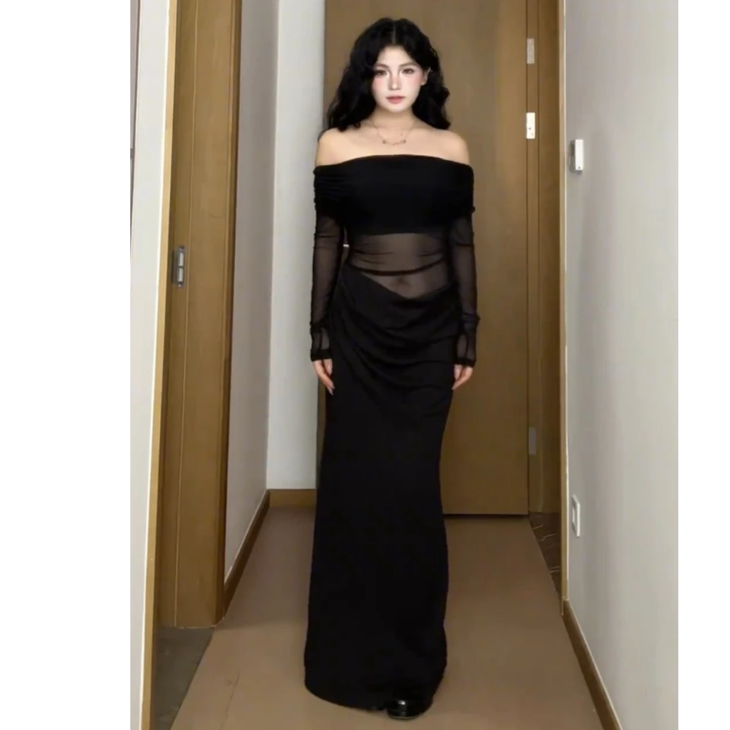 大码女装 Malou度假风轻奢复古假两件一字肩掐腰镂空网纱连衣裙女