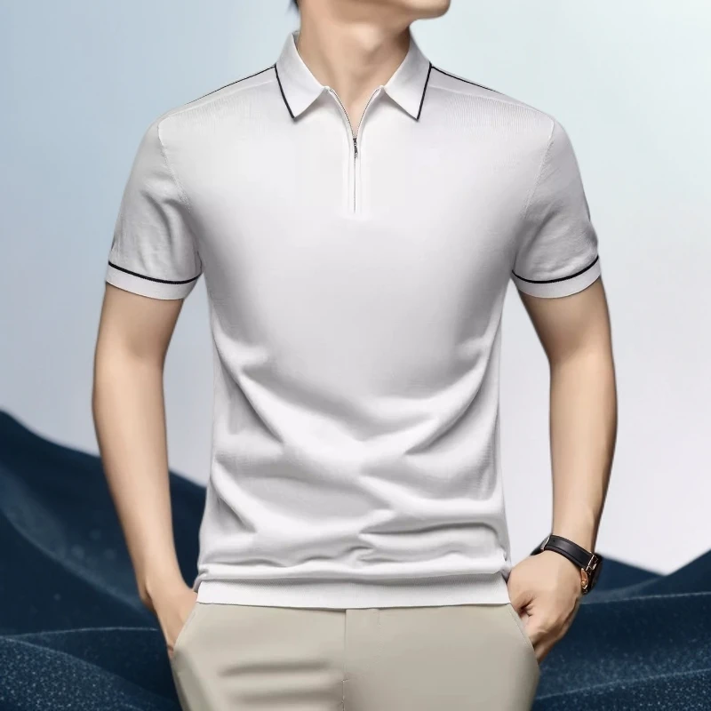 巴赛娜缇桑蚕丝天丝棉短袖T恤男士薄款针织体恤衫半拉链翻领半袖