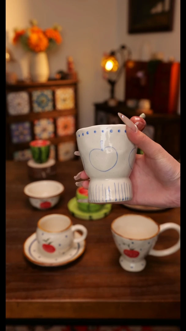 陶便携款粗陶磨砂苹果手握杯  手绘釉下彩