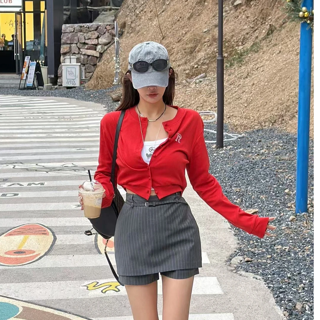 【YKL】夏日樱桃红刺绣小标开衫/字母刺绣吊带