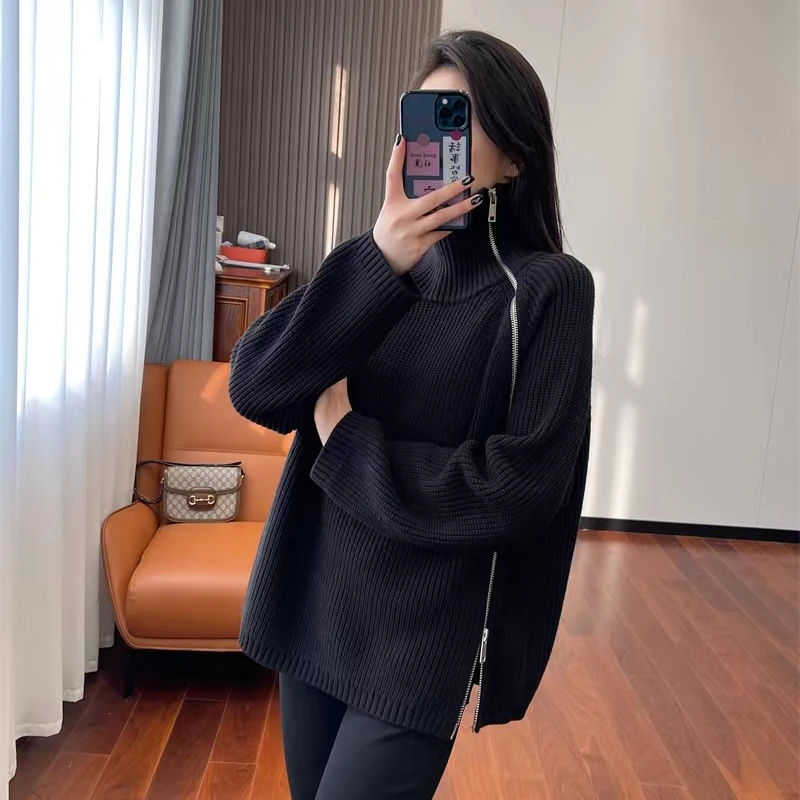 女士秋冬  高领设计拉链开叉针织宽毛衣百搭时尚宽松