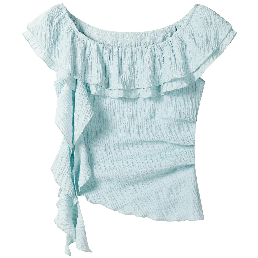 羊城故事-蓝绿色法式荷叶边飘带一字肩t恤女设计感上衣Y50751658